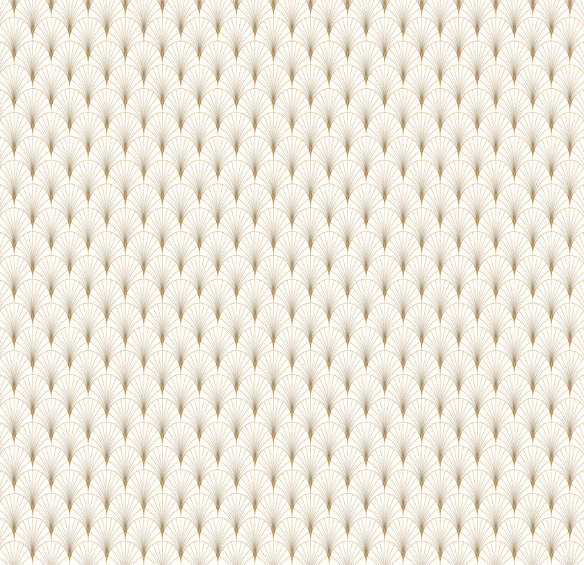 Art Deco gold fan wallpaper pattern with geometric lines on a neutral background, elegant and symmetrical design.