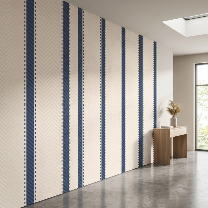 Perspective of a full-wall mural with seamless beige and blue stripes, showcasing size, fit, and vibrant colors in a modern interior.