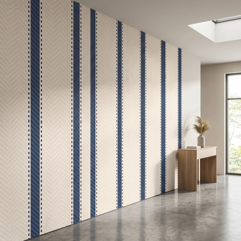 Perspective of a full-wall mural with seamless beige and blue stripes, showcasing size, fit, and vibrant colors in a modern interior.