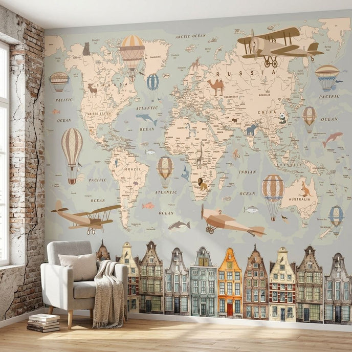 Close-up of the Aviator's Guide World Map mural with vivid colors and detailed printing on textured wall in a modern living room.