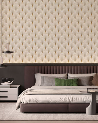 Art Deco gold fan wallpaper pattern with geometric lines on a neutral background, elegant and symmetrical design. On bedroom wall above bed.