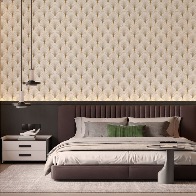 Art Deco gold fan wallpaper pattern with geometric lines on a neutral background, elegant and symmetrical design. On bedroom wall above bed.