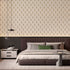 Art Deco gold fan wallpaper pattern with geometric lines on a neutral background, elegant and symmetrical design. On bedroom wall above bed.