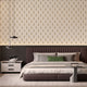 Art Deco gold fan wallpaper pattern with geometric lines on a neutral background, elegant and symmetrical design. On bedroom wall above bed.