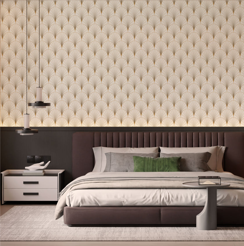 Art Deco gold fan wallpaper pattern with geometric lines on a neutral background, elegant and symmetrical design. On bedroom wall above bed.
