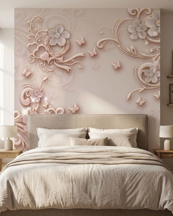 Cozy bedroom featuring Porcelain Dreams mural as a feature wall behind the bed with warm lighting.