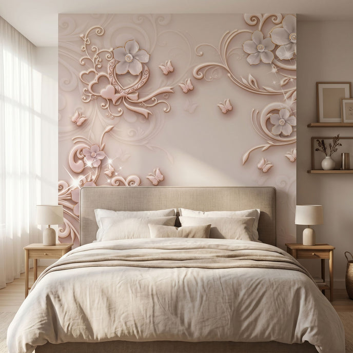 Cozy bedroom featuring Porcelain Dreams mural as a feature wall behind the bed with warm lighting.