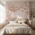 Cozy bedroom featuring Porcelain Dreams mural as a feature wall behind the bed with warm lighting.