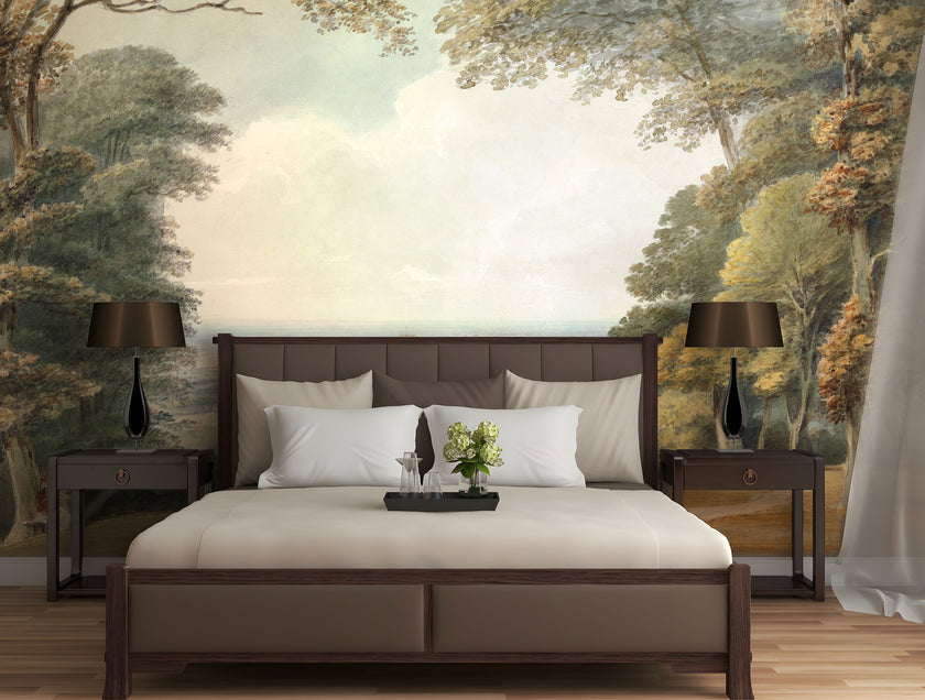 Watercolour landscape mural showing Windsor Castle in the distance, framed by woodland trees and open parkland in soft natural tones. On bedroom wall behind the bed. 