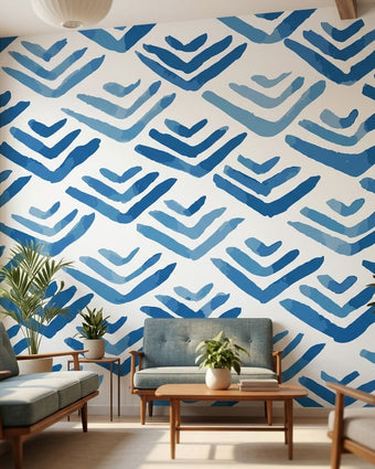 Blue Thingamabobs mural with seamless geometric pattern on a textured wall in a modern living room, highlighting vinyl texture and ambient lighting.