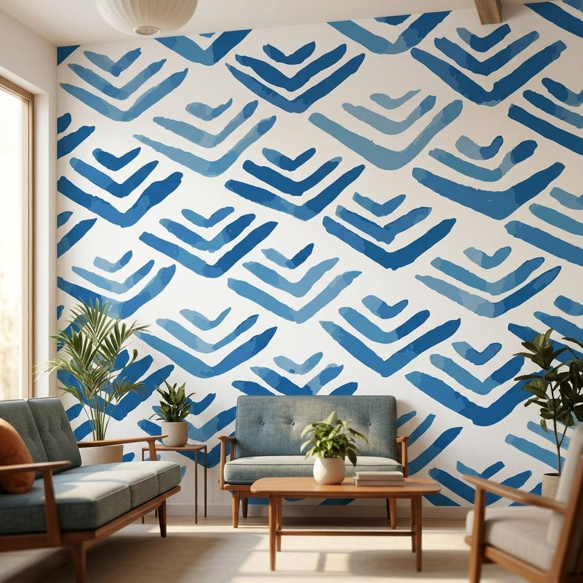 Blue Thingamabobs mural with seamless geometric pattern on a textured wall in a modern living room, highlighting vinyl texture and ambient lighting.