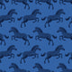 Repeating zebra wallpaper pattern featuring navy and royal blue zebras on a cobalt blue background. Zoomed in on the zebras. 