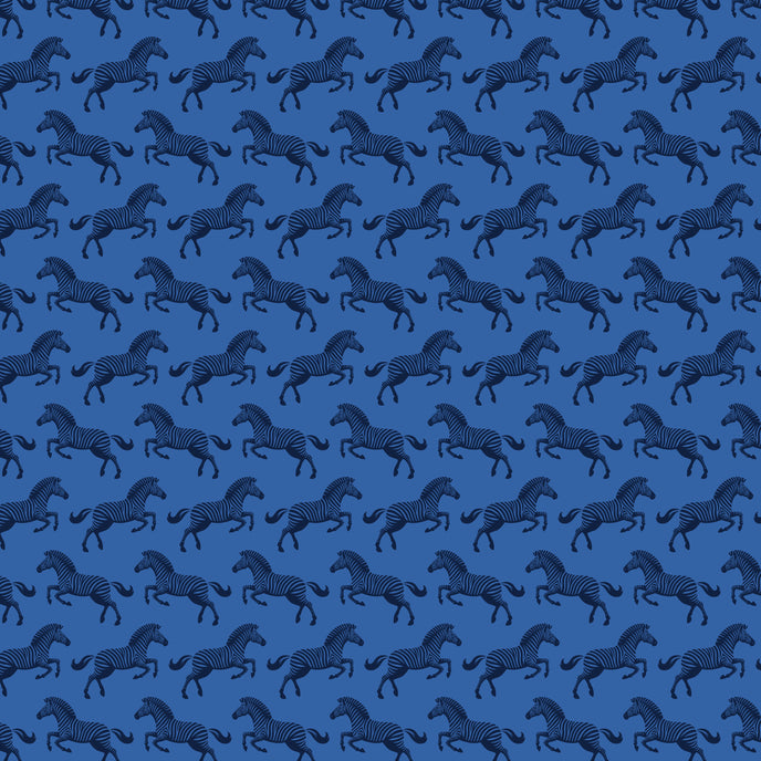 Repeating zebra wallpaper pattern featuring navy and royal blue zebras on a cobalt blue background.
