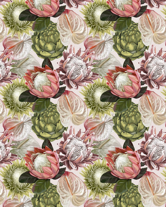 Botanical wallpaper with a seamless repeating pattern of hand painted blush pink proteas, cream anthuriums, and green foliage on a soft neutral background.