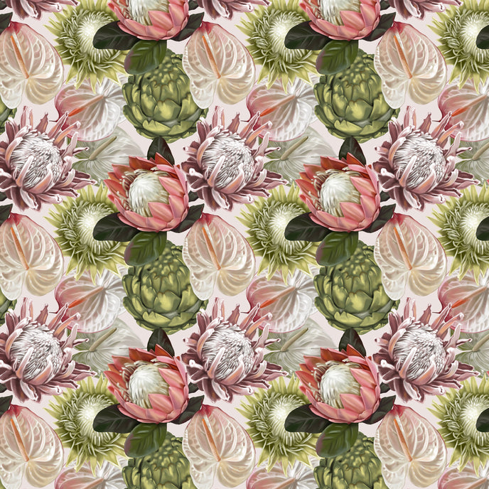 Botanical wallpaper with a seamless repeating pattern of hand painted blush pink proteas, cream anthuriums, and green foliage on a soft neutral background.