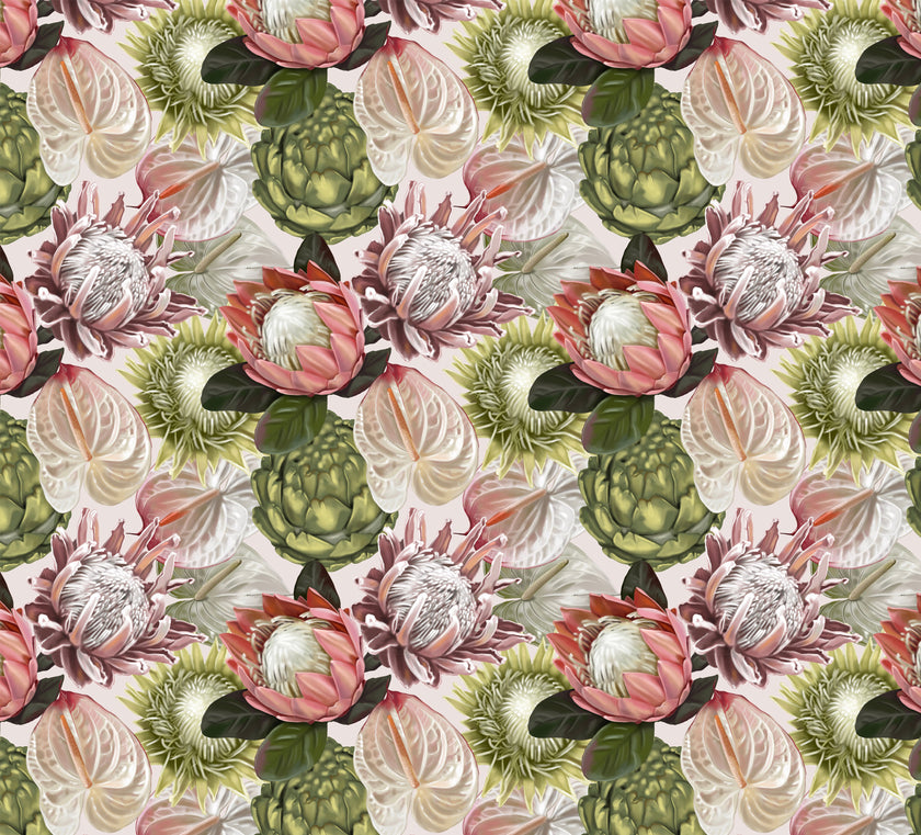 Botanical wallpaper with a seamless repeating pattern of hand painted blush pink proteas, cream anthuriums, and green foliage on a soft neutral background.