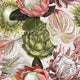 Botanical wallpaper with a seamless repeating pattern of hand painted blush pink proteas, cream anthuriums, and green foliage on a soft neutral background.