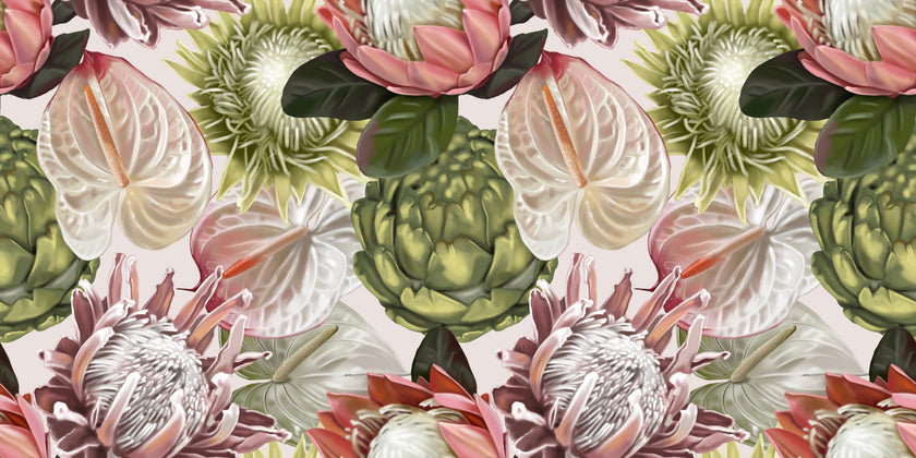 Botanical wallpaper with a seamless repeating pattern of hand painted blush pink proteas, cream anthuriums, and green foliage on a soft neutral background.