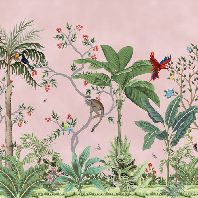 Blush pink tropical wallpaper with illustrated palms, birds, monkeys and delicate botanical details in a hand-painted chinoiserie style.