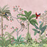 Blush pink tropical wallpaper with illustrated palms, birds, monkeys and delicate botanical details in a hand-painted chinoiserie style.