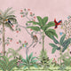 Blush pink tropical wallpaper with illustrated palms, birds, monkeys and delicate botanical details in a hand-painted chinoiserie style.