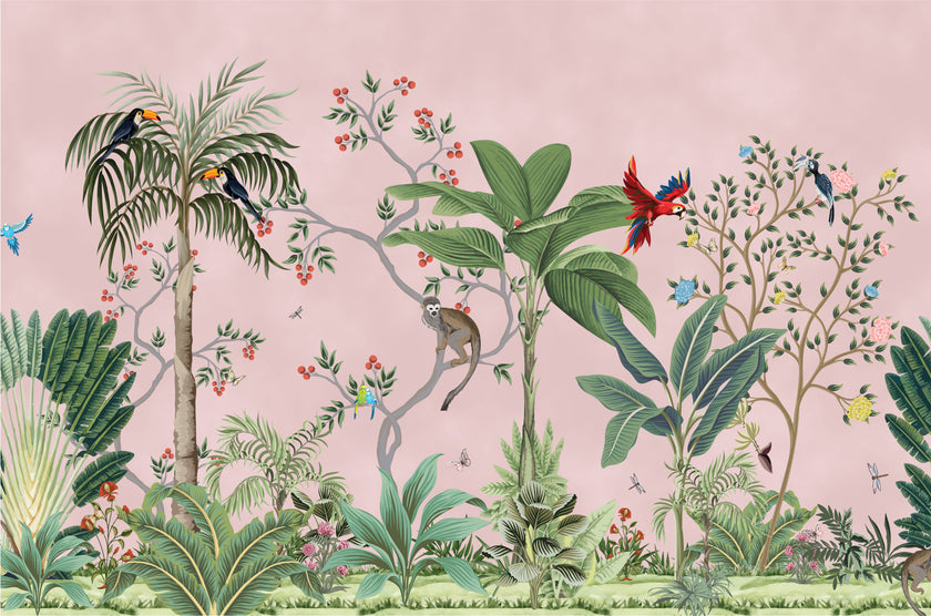Blush pink tropical wallpaper with illustrated palms, birds, monkeys and delicate botanical details in a hand-painted chinoiserie style.