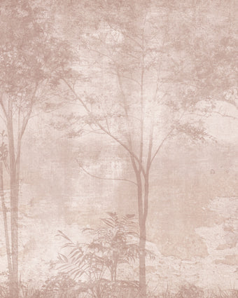 Blush toned forest mural featuring misty woodland trees and soft layered foliage in a dreamy, watercolour inspired style.