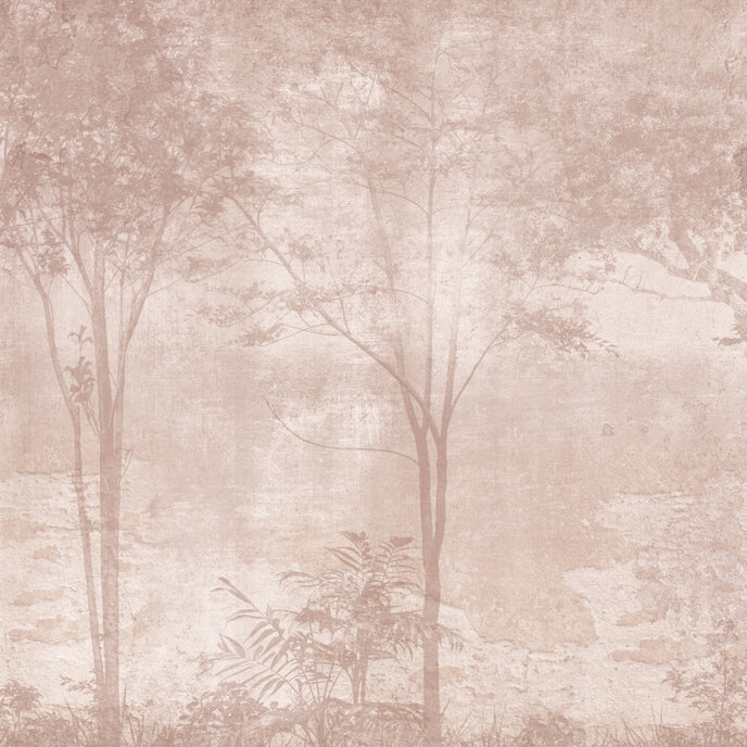 Blush toned forest mural featuring misty woodland trees and soft layered foliage in a dreamy, watercolour inspired style.