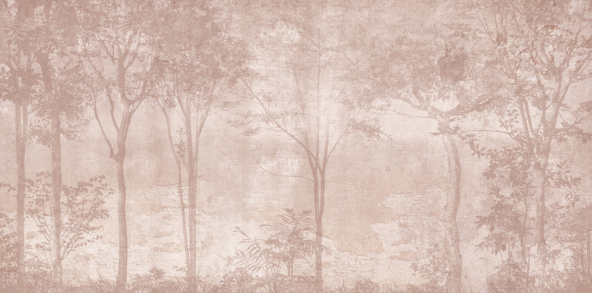 Blush toned forest mural featuring misty woodland trees and soft layered foliage in a dreamy, watercolour inspired style.