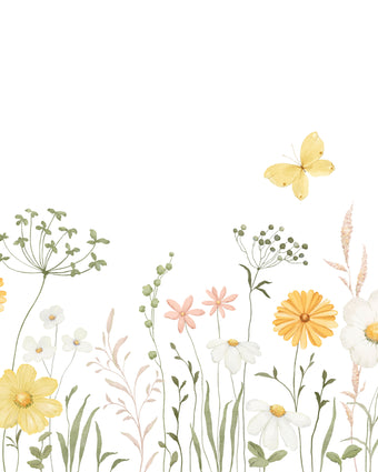 Watercolour wildflower meadow wallpaper with soft yellow and pink flowers, green foliage and delicate butterflies.