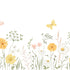 Watercolour wildflower meadow wallpaper with soft yellow and pink flowers, green foliage and delicate butterflies.