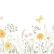 Watercolour wildflower meadow wallpaper with soft yellow and pink flowers, green foliage and delicate butterflies.
