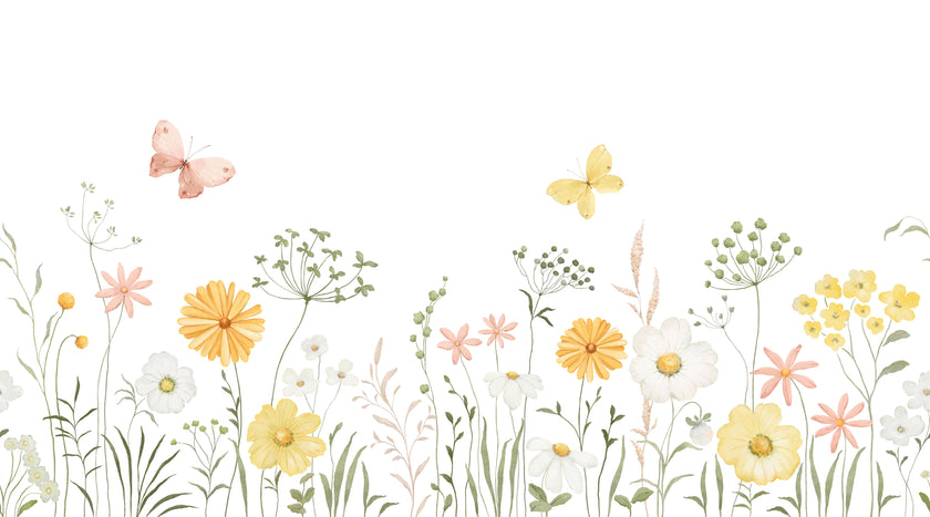 Watercolour wildflower meadow wallpaper with soft yellow and pink flowers, green foliage and delicate butterflies.