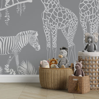Playful monochrome safari mural for a children’s room with giraffes, monkeys, a zebra, and a gentle big cat among tropical leaves.