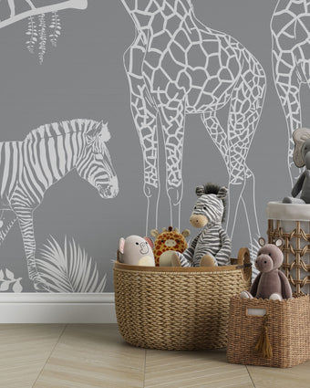 Playful monochrome safari mural for a children’s room with giraffes, monkeys, a zebra, and a gentle big cat among tropical leaves.