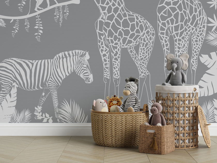 Playful monochrome safari mural for a children’s room with giraffes, monkeys, a zebra, and a gentle big cat among tropical leaves.