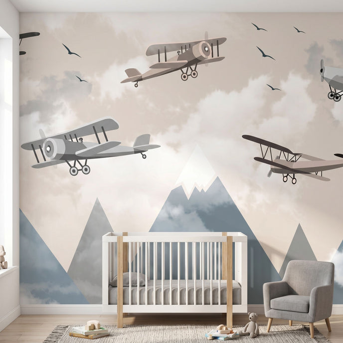 Realistic shot of a child's bedroom with a vivid airplane and mountain landscape mural covering the entire wall.