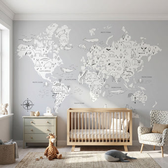 Full-room scene in a child's nursery showing the colorful 'The World's a Zoo' mural as the main feature.