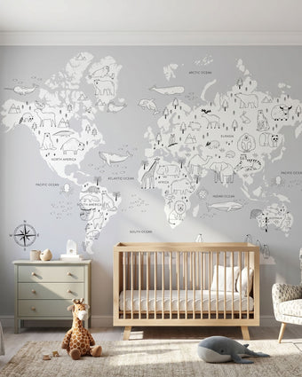 Full-room scene in a child's nursery showing the colorful 'The World's a Zoo' mural as the main feature.