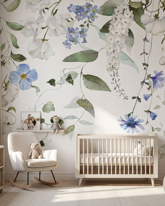 Close-up of the 'Forget Me Not' floral mural highlighting blue and white pattern on textured material with natural lighting.