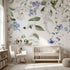 Close-up of the 'Forget Me Not' floral mural highlighting blue and white pattern on textured material with natural lighting.
