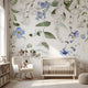 Close-up of the 'Forget Me Not' floral mural highlighting blue and white pattern on textured material with natural lighting.