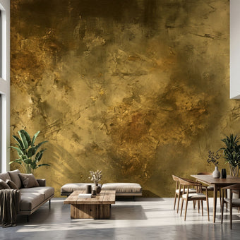 Close-up of the Golden Stone mural highlighting intricate abstract patterns and gold accents on textured concrete.