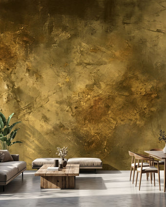 Close-up of the Golden Stone mural highlighting intricate abstract patterns and gold accents on textured concrete.