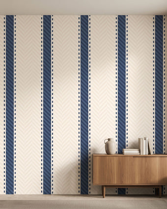 Detailed close-up of a wall mural featuring seamless geometric stripes in beige and blue, highlighting texture and color clarity.