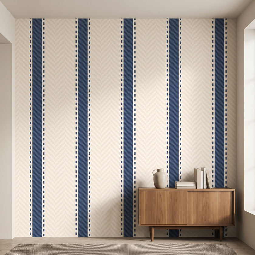 Detailed close-up of a wall mural featuring seamless geometric stripes in beige and blue, highlighting texture and color clarity.