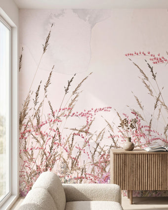 Close-up of a pink floral mural highlighting intricate textures and natural fiber details with soft natural light.