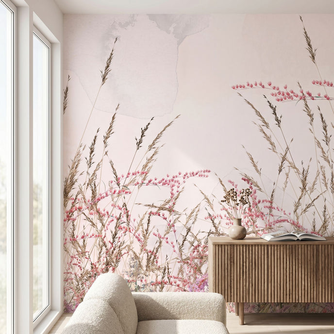 Close-up of a pink floral mural highlighting intricate textures and natural fiber details with soft natural light.