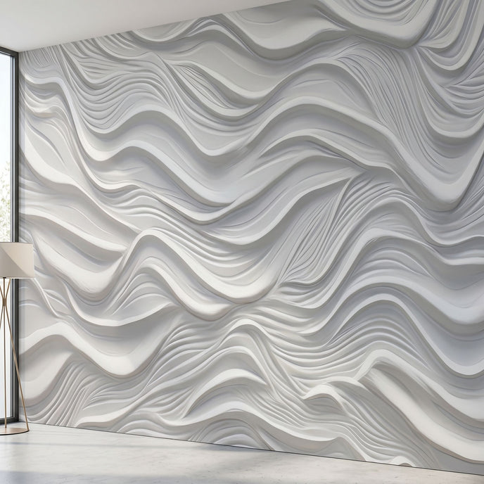 Close-up view of a geometric patterned wall mural with precise, seamless design, displayed on a large wall in a modern setting.