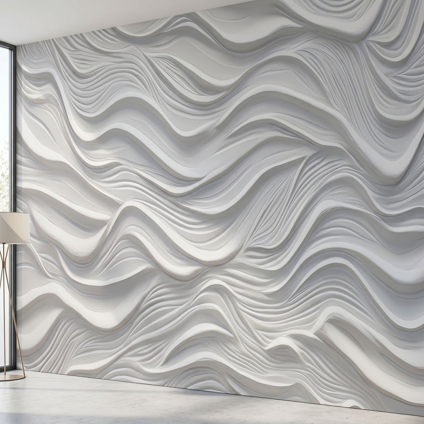 Close-up view of a geometric patterned wall mural with precise, seamless design, displayed on a large wall in a modern setting.